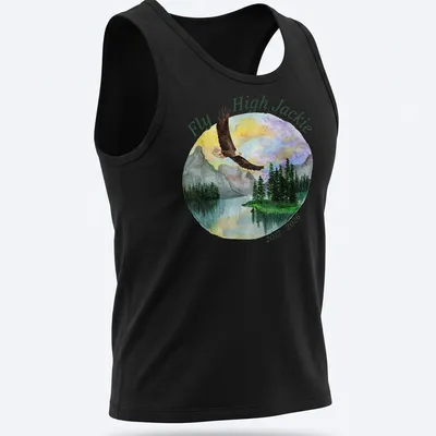 Watercolor print of an eagle in flight with the text 'Fly High Jackie 2012 - 2026' — printed on a tank top