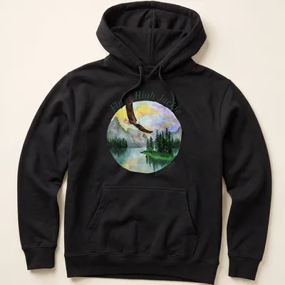 Watercolor print of an eagle in flight with the text 'Fly High Jackie 2012 - 2026' — printed on a unisex hoodie
