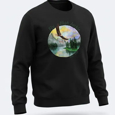 Watercolor print of an eagle in flight with the text 'Fly High Jackie 2012 - 2026' — printed on a unisex sweatshirt