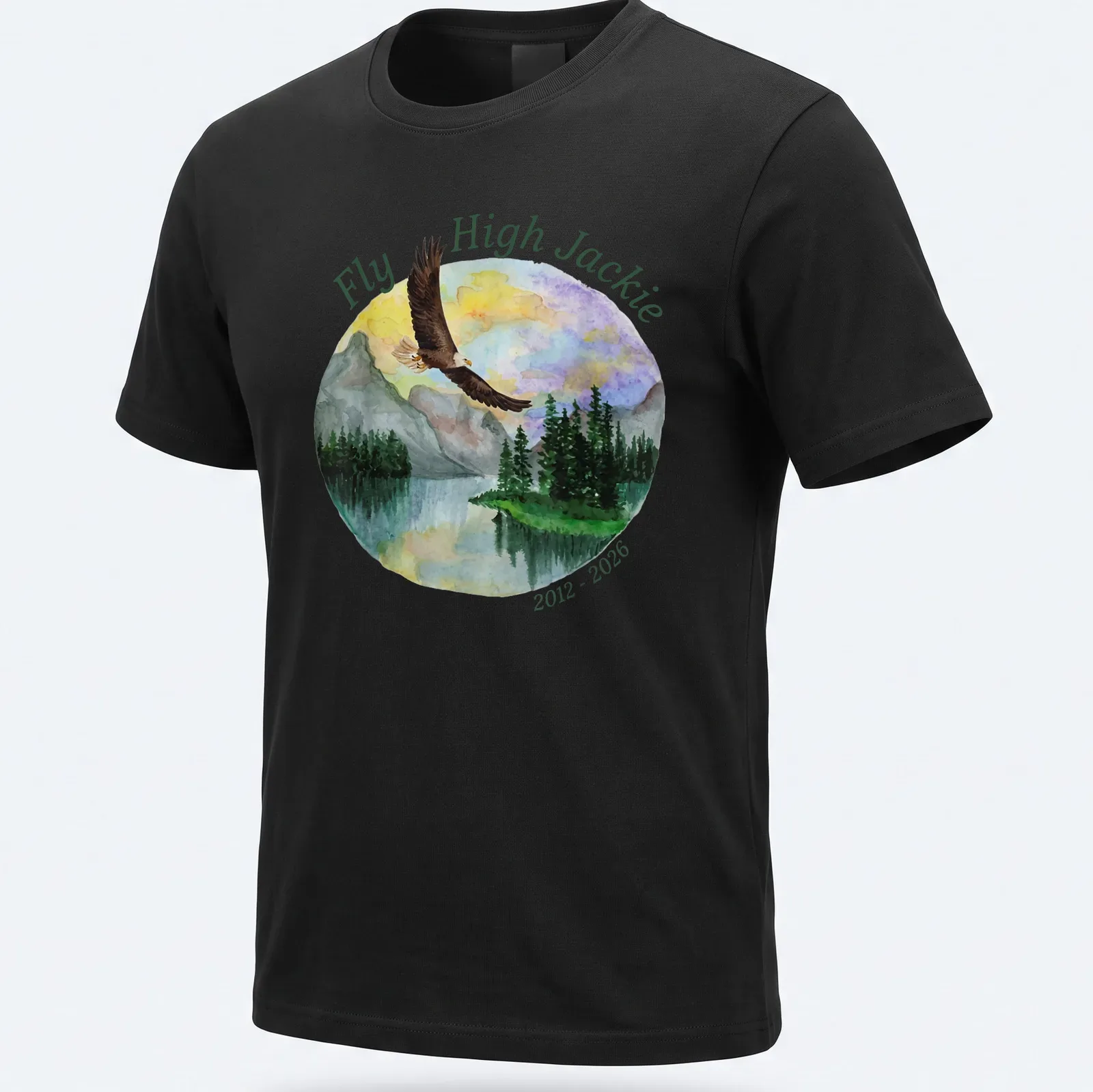 Watercolor print of an eagle in flight with the text 'Fly High Jackie 2012 - 2026' — printed on a unisex t-shirt