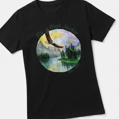 Watercolor print of an eagle in flight with the text 'Fly High Jackie 2012 - 2026' — printed on a women's shirt