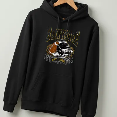 Vintage retro t-shirt featuring a football helmet and bold text on a black background. — printed on a unisex hoodie