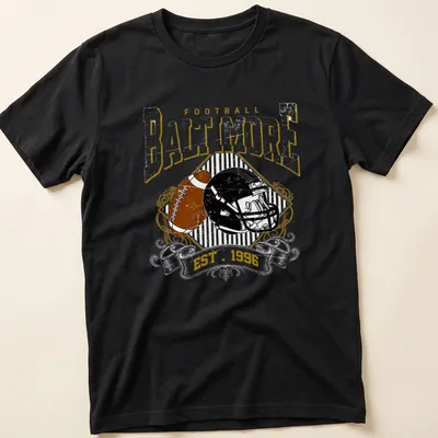 Vintage retro t-shirt featuring a football helmet and bold text on a black background.