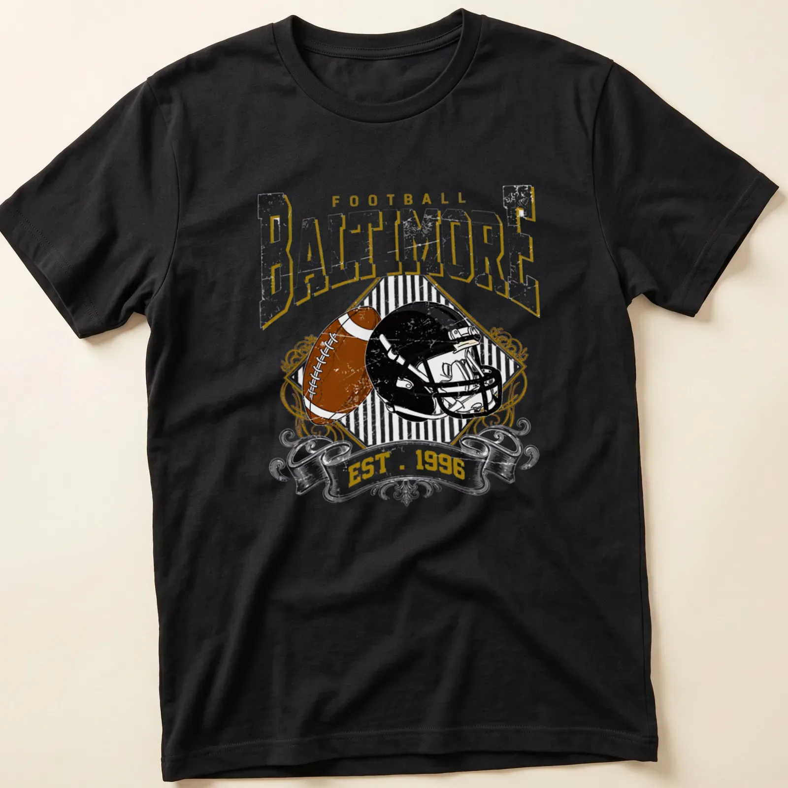 Vintage retro t-shirt featuring a football helmet and bold text on a black background. — printed on a unisex t-shirt