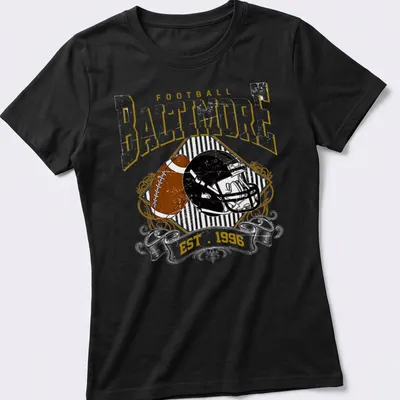 Vintage retro t-shirt featuring a football helmet and bold text on a black background. — printed on a women's shirt