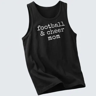 Playful typography of football & cheer mom T-shirt in bold white. — printed on a tank top