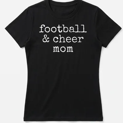 Playful typography of football & cheer mom T-shirt in bold white. — printed on a women's shirt
