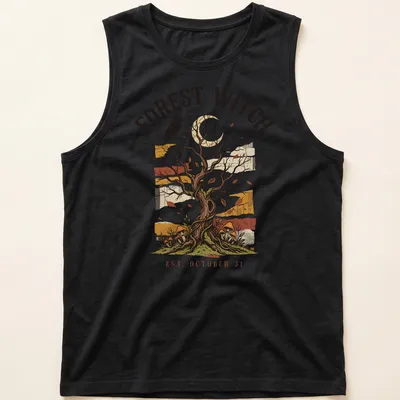 Vintage illustration of a tree with a crow and mushrooms, with text about Forest Witch — printed on a tank top