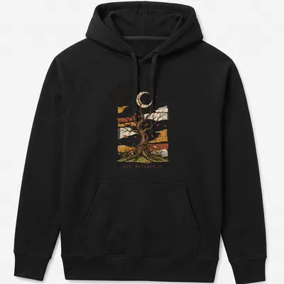 Vintage illustration of a tree with a crow and mushrooms, with text about Forest Witch — printed on a unisex hoodie