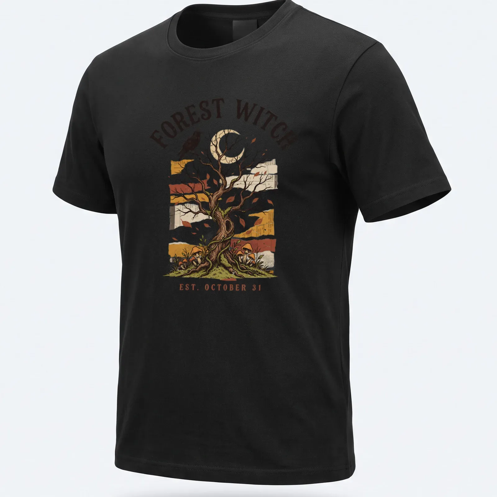 Vintage illustration of a tree with a crow and mushrooms, with text about Forest Witch — printed on a unisex t-shirt
