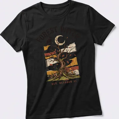 Vintage illustration of a tree with a crow and mushrooms, with text about Forest Witch — printed on a women's shirt