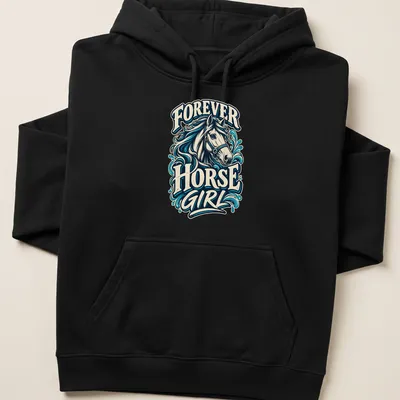 Vintage illustration of a horse head with Forever Horse Girl text — printed on a unisex hoodie