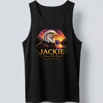 Realistic illustration of a Bald Eagle with 'Jackie Forever Our Queen' text — printed on a tank top