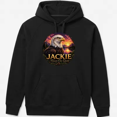Realistic illustration of a Bald Eagle with 'Jackie Forever Our Queen' text — printed on a unisex hoodie