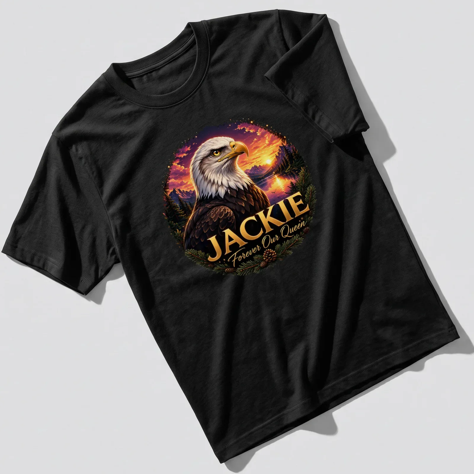 Realistic illustration of a Bald Eagle with 'Jackie Forever Our Queen' text — printed on a unisex t-shirt