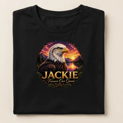 Realistic illustration of a Bald Eagle with 'Jackie Forever Our Queen' text — printed on a women's shirt