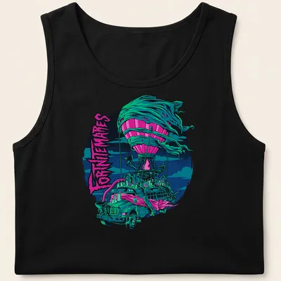 Vibrant comic style Haunted Battle Bus T-shirt with FORTNITEMARES text for Halloween. — printed on a tank top