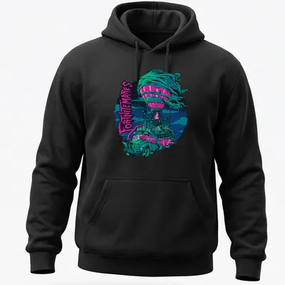 Vibrant comic style Haunted Battle Bus T-shirt with FORTNITEMARES text for Halloween. — printed on a unisex hoodie