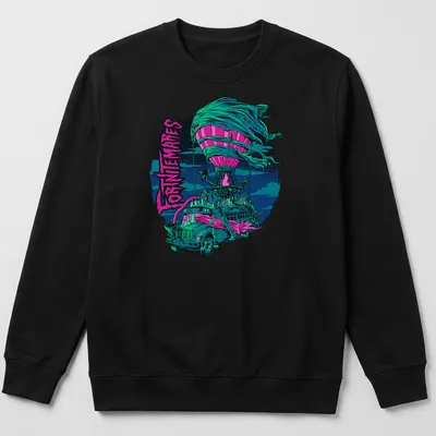 Vibrant comic style Haunted Battle Bus T-shirt with FORTNITEMARES text for Halloween. — printed on a unisex sweatshirt