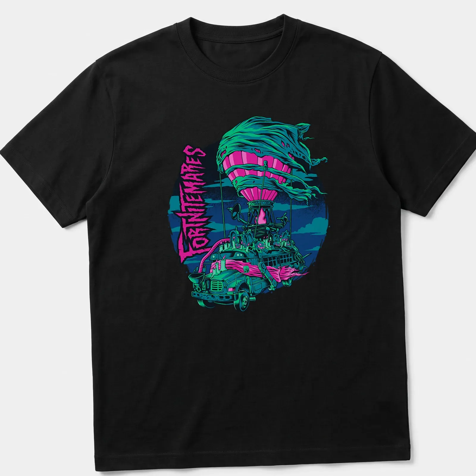 Vibrant comic style Haunted Battle Bus T-shirt with FORTNITEMARES text for Halloween. — printed on a unisex t-shirt