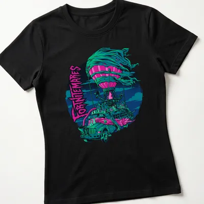 Vibrant comic style Haunted Battle Bus T-shirt with FORTNITEMARES text for Halloween. — printed on a women's shirt