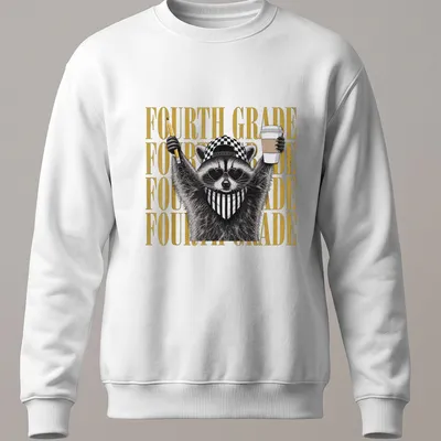 Bold graphic of a raccoon with pencil and coffee, with the text FOURTH GRADE — printed on a unisex sweatshirt