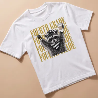 Bold graphic of a raccoon with pencil and coffee, with the text FOURTH GRADE