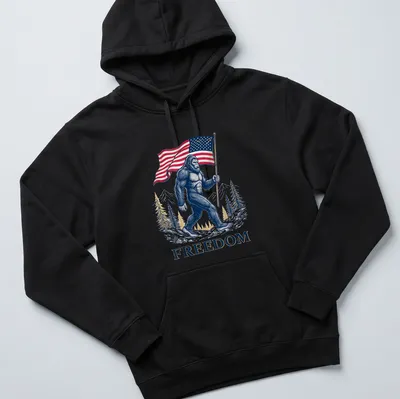 Detailed illustration of Bigfoot holding an American flag with the text FREEDOM — printed on a unisex hoodie