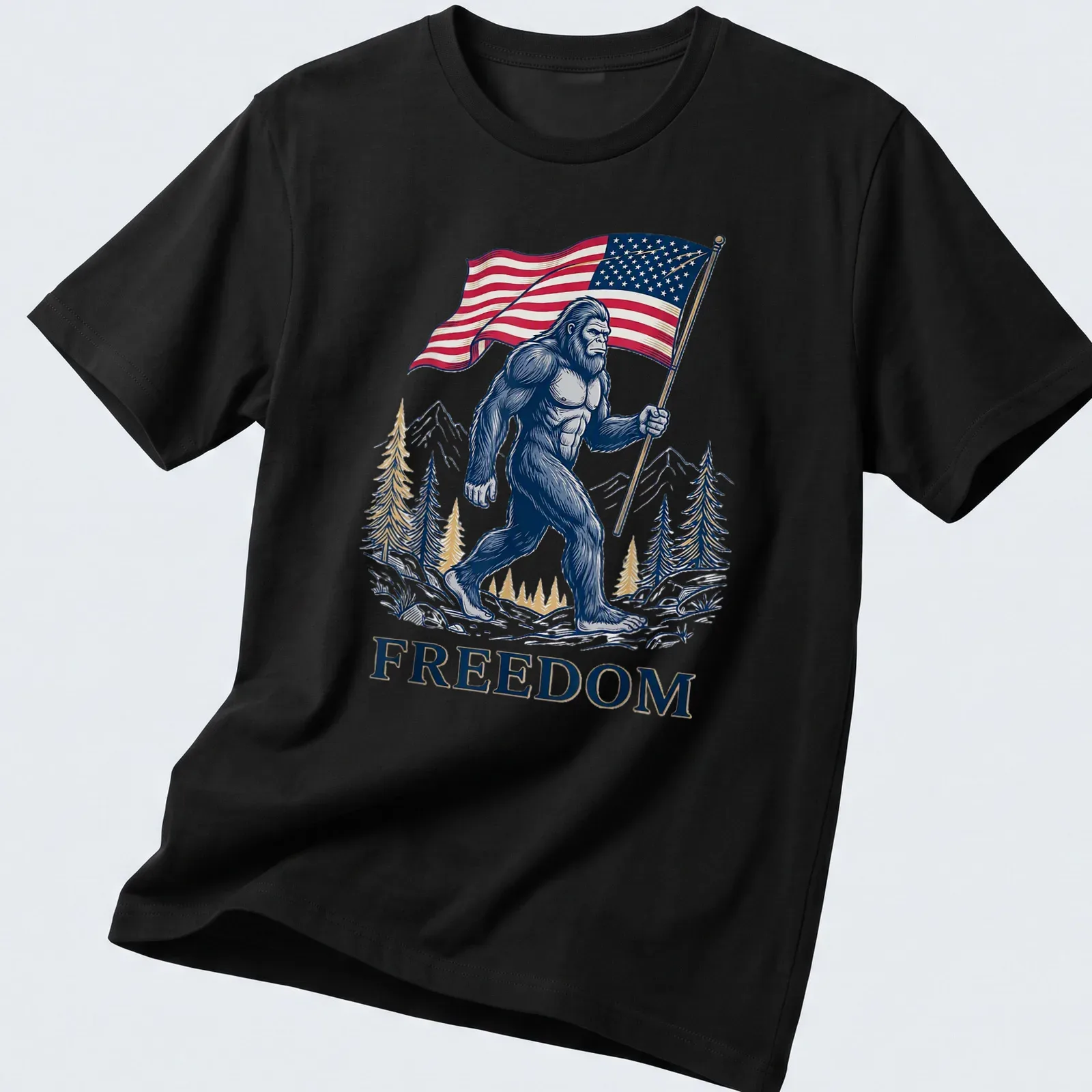 Detailed illustration of Bigfoot holding an American flag with the text FREEDOM — printed on a unisex t-shirt