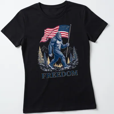 Detailed illustration of Bigfoot holding an American flag with the text FREEDOM — printed on a women's shirt