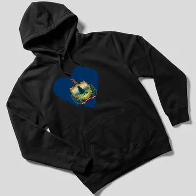 Distressed Vermont state emblem in heart shape with the text Freedom Vermont and Unity — printed on a unisex hoodie