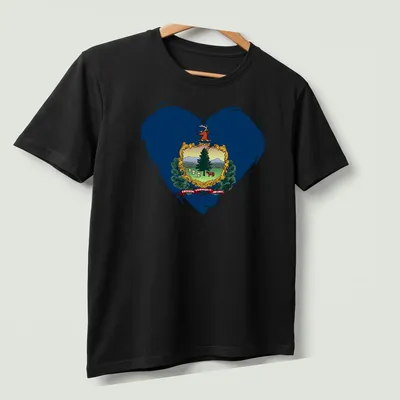 Distressed Vermont state emblem in heart shape with the text Freedom Vermont and Unity — printed on a unisex t-shirt (angled view)