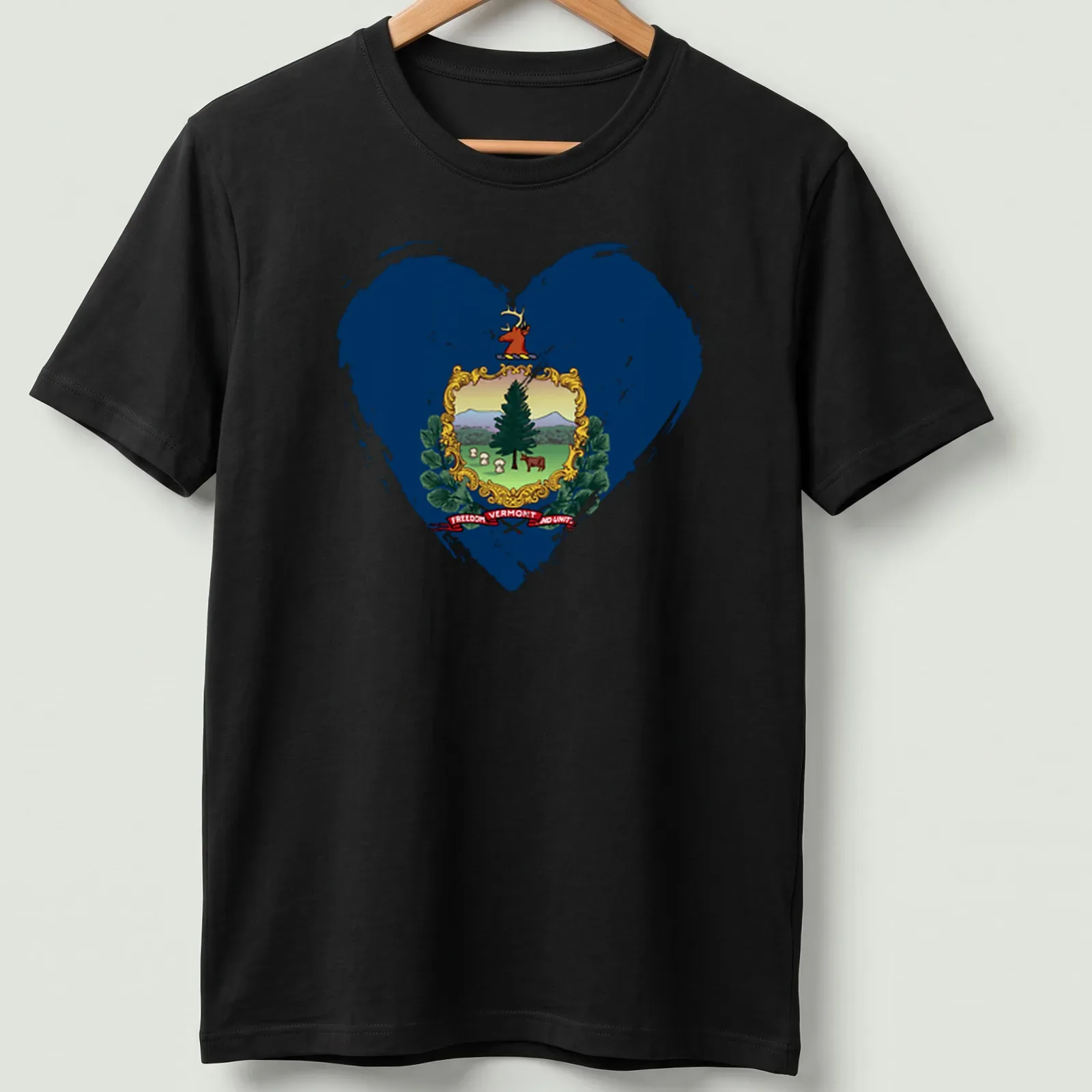 Distressed Vermont state emblem in heart shape with the text Freedom Vermont and Unity — printed on a unisex t-shirt