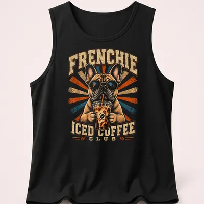Vintage graphic of a French Bulldog with the text Frenchie Iced Coffee Club — printed on a tank top