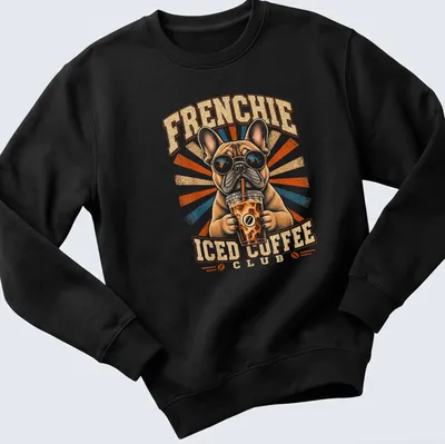 Vintage graphic of a French Bulldog with the text Frenchie Iced Coffee Club — printed on a unisex sweatshirt