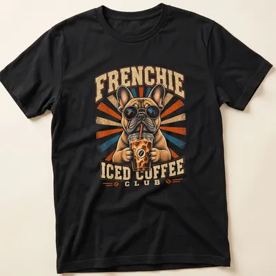 Vintage graphic of a French Bulldog with the text Frenchie Iced Coffee Club