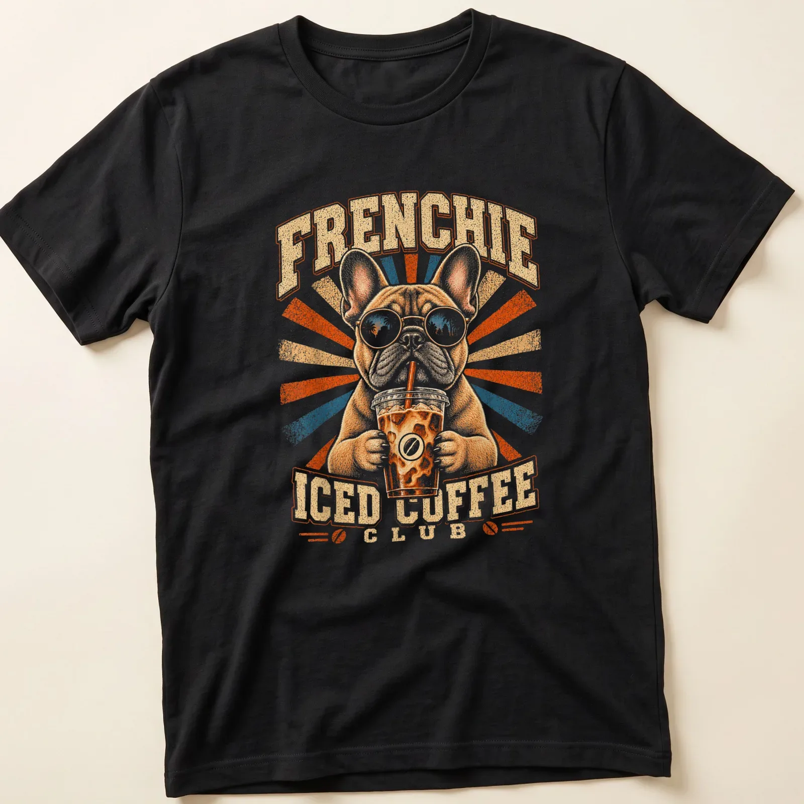 Vintage graphic of a French Bulldog with the text Frenchie Iced Coffee Club — printed on a unisex t-shirt
