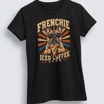Vintage graphic of a French Bulldog with the text Frenchie Iced Coffee Club — printed on a women's shirt
