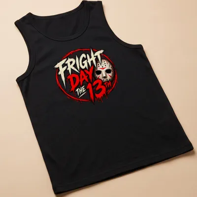Bold graphic t-shirt featuring Jason mask and text Fright Day the 13th. — printed on a tank top