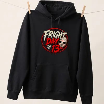 Bold graphic t-shirt featuring Jason mask and text Fright Day the 13th. — printed on a unisex hoodie
