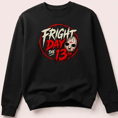 Bold graphic t-shirt featuring Jason mask and text Fright Day the 13th. — printed on a unisex sweatshirt