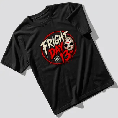 Bold graphic t-shirt featuring Jason mask and text Fright Day the 13th. — printed on a unisex t-shirt
