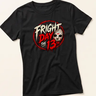 Bold graphic t-shirt featuring Jason mask and text Fright Day the 13th. — printed on a women's shirt