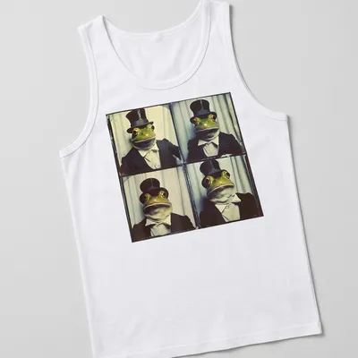 Vintage photo booth print of a frog wearing a top hat, in green and gray — printed on a tank top