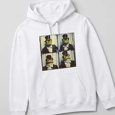 Vintage photo booth print of a frog wearing a top hat, in green and gray — printed on a unisex hoodie