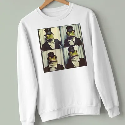 Vintage photo booth print of a frog wearing a top hat, in green and gray — printed on a unisex sweatshirt