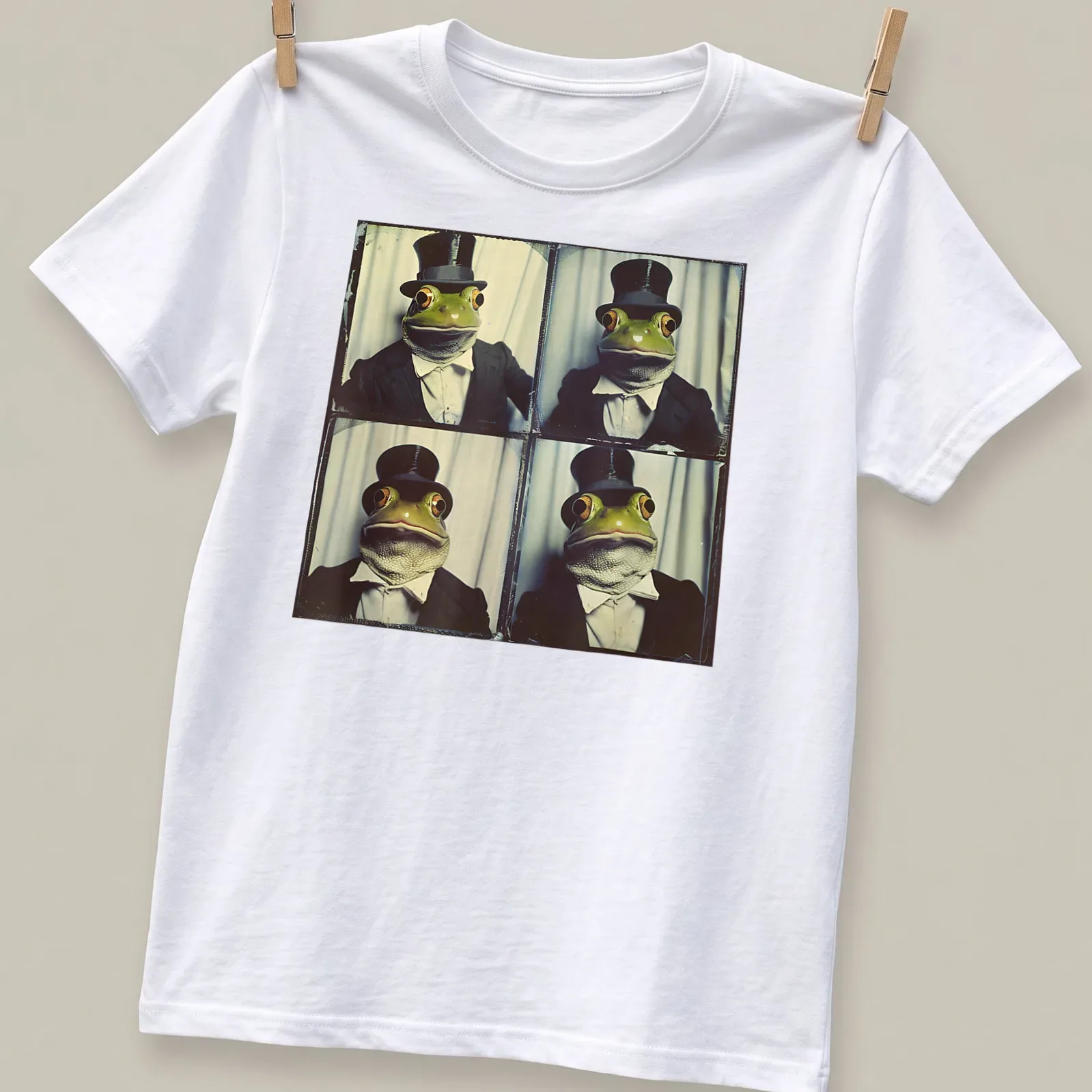 Vintage photo booth print of a frog wearing a top hat, in green and gray — printed on a unisex t-shirt