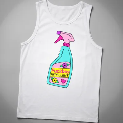 Colorful cartoon graphic of a spray bottle with the text 'Fuckboy REPPELLENT' — printed on a tank top