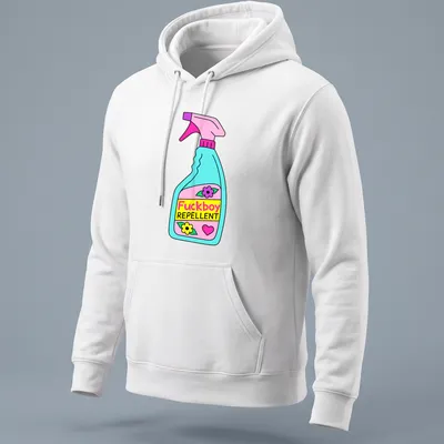 Colorful cartoon graphic of a spray bottle with the text 'Fuckboy REPPELLENT' — printed on a unisex hoodie