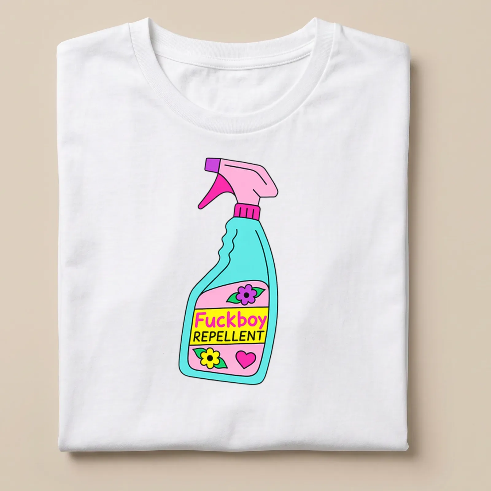 Colorful cartoon graphic of a spray bottle with the text 'Fuckboy REPPELLENT' — printed on a unisex t-shirt
